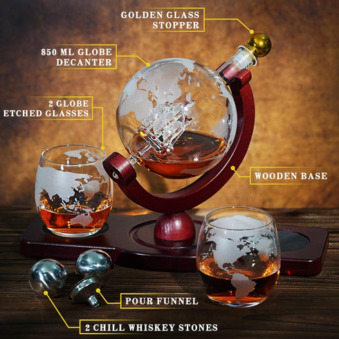Whiskey Decanter Globe Set with Ball & Glasses